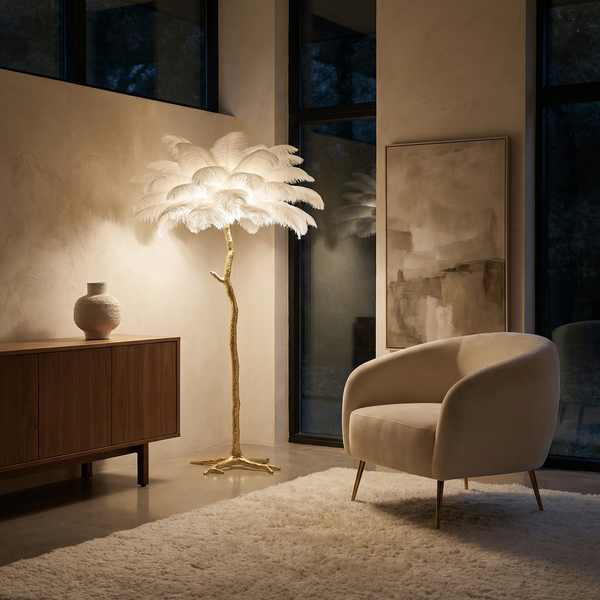 Lampadaire Plumes Ambiance Glamour Élégance Artisanale – Plumo
