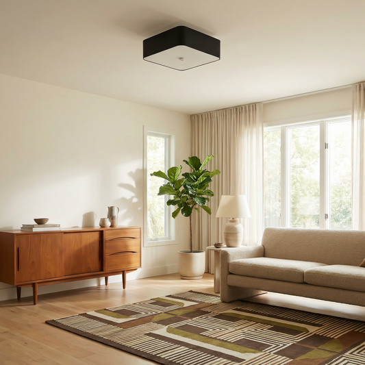 Plafonnier carré tissu blanc pour salon – Modèle Orféal