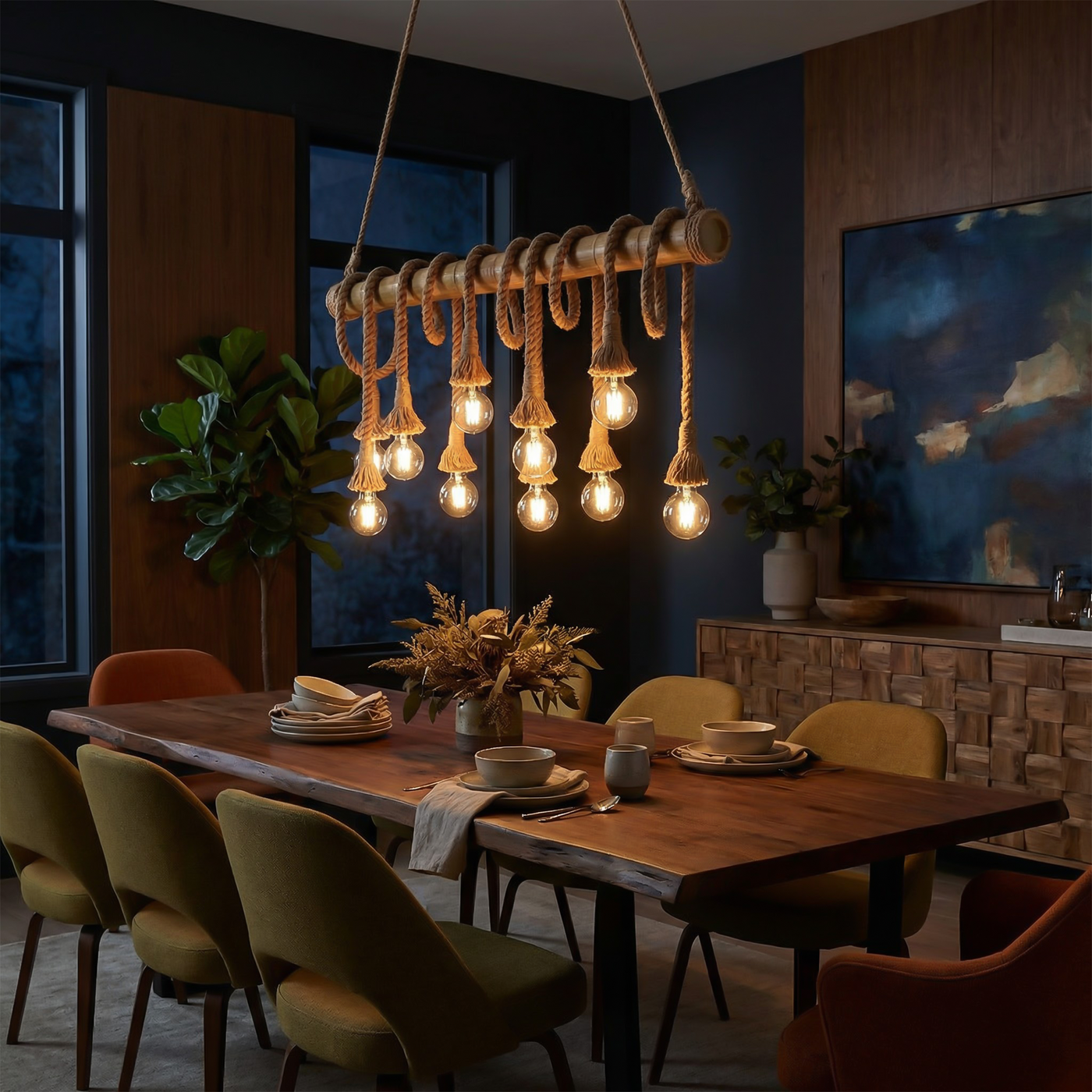 Suspension Bambou Bois LED Cordon Ajustable – Epicéa