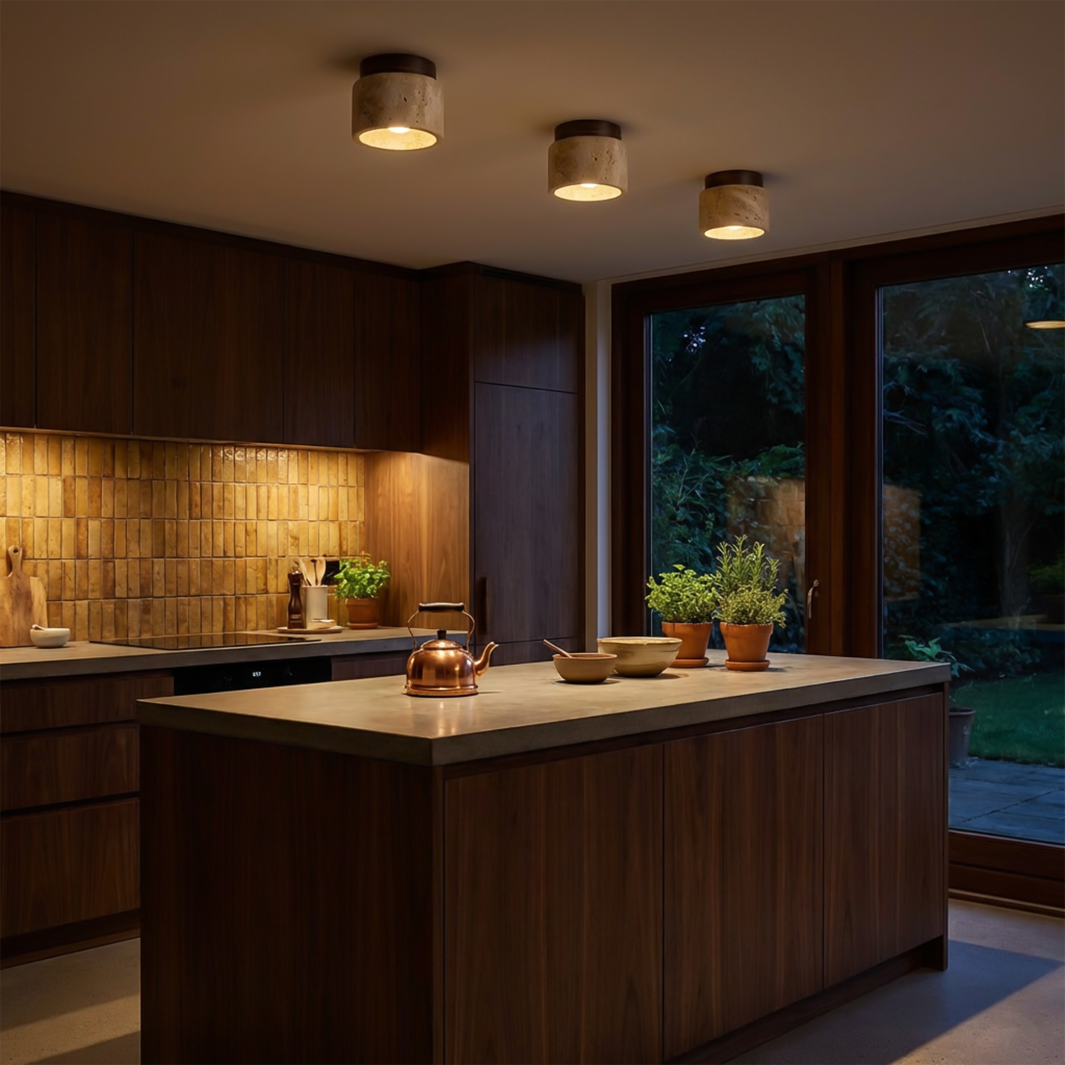 Compact Travertine Ceiling Light with Refined Finish – Capsule