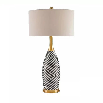 Lampe de table céramique motif zébré noir et blanc avec col doré et abat-jour blanc - vue 6