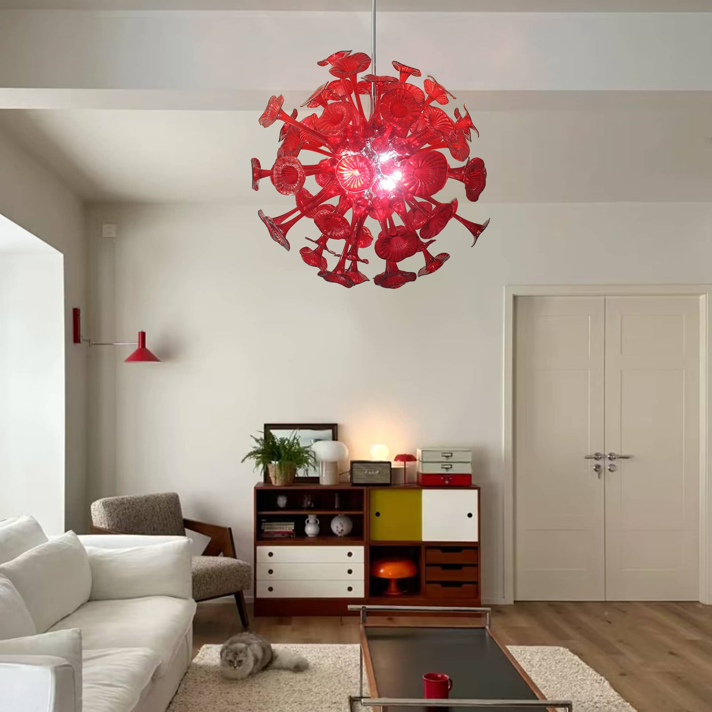 Lustre en Verre Soufflé Rouge pour Salon – Spherelumia