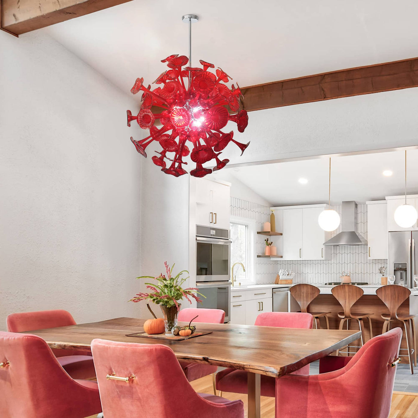 Lustre en Verre Soufflé Rouge pour Salon – Spherelumia