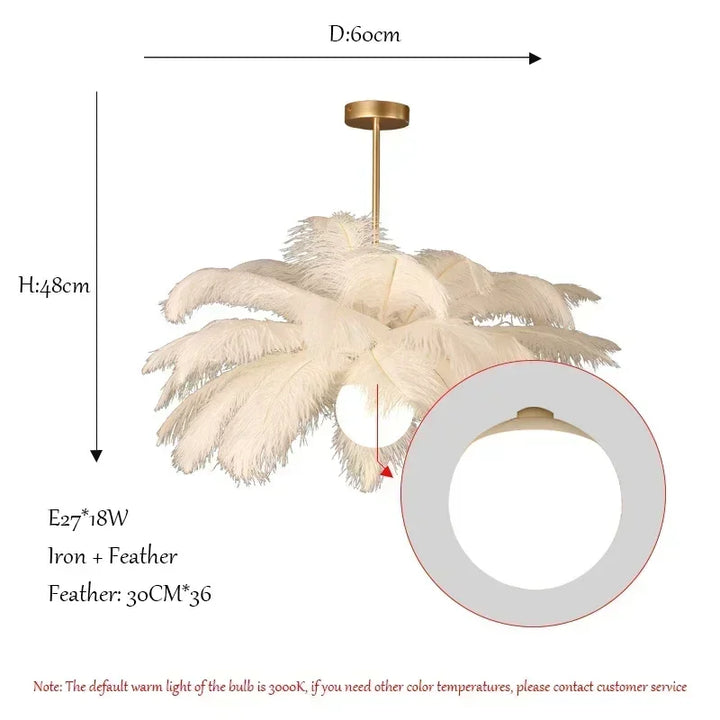 Lustre en plumes d’autruche LED blanc pour salon – Featherelle