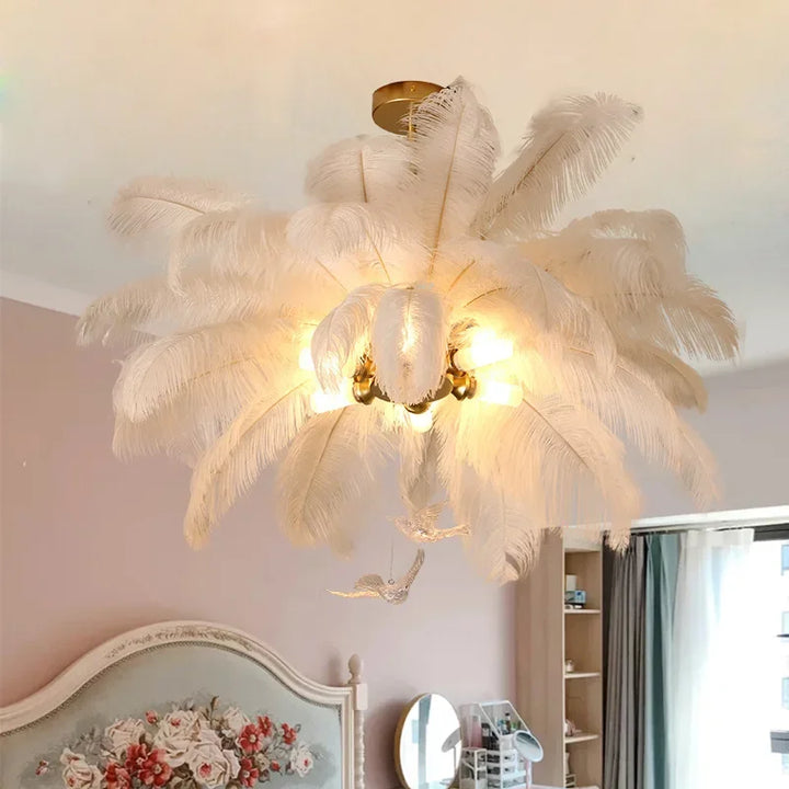 Lustre en plumes d’autruche LED blanc pour salon – Featherelle