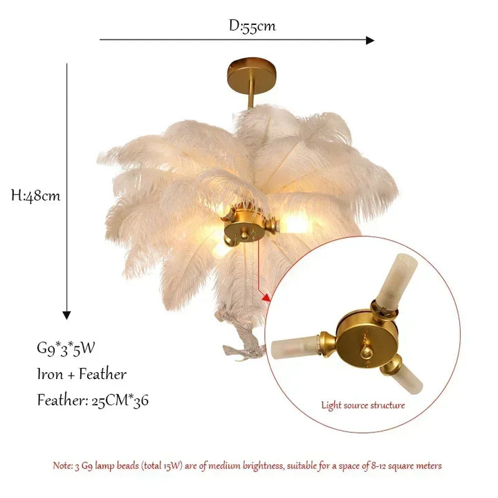 Lustre en plumes d’autruche LED blanc pour salon – Featherelle