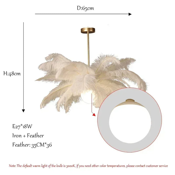 Lustre en plumes d’autruche LED blanc pour salon – Featherelle
