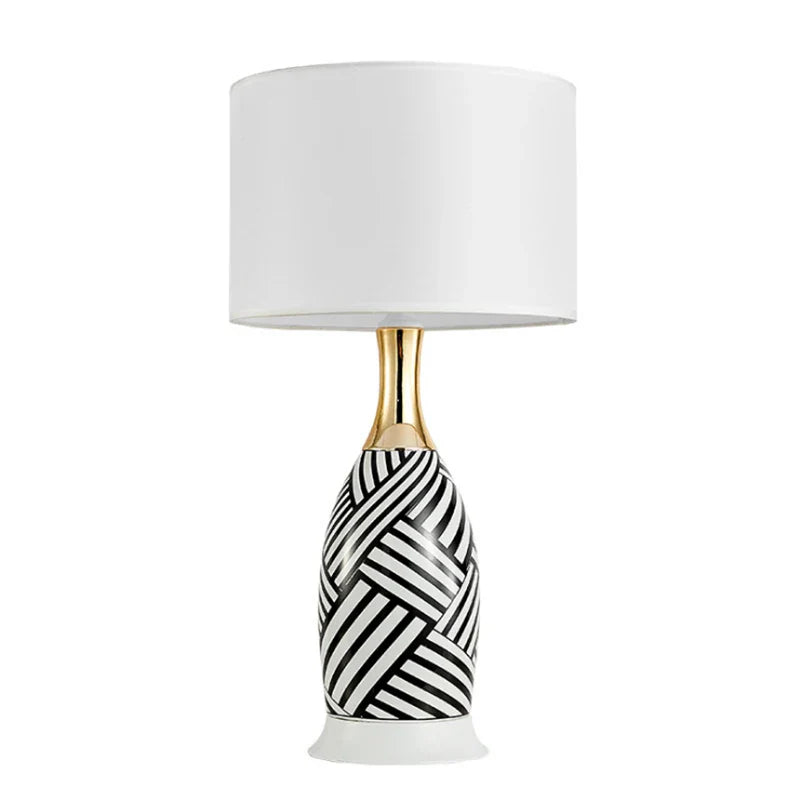 Lampe de table céramique motif zébré noir et blanc avec col doré et abat-jour blanc - vue 10