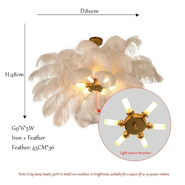 Lustre en plumes d’autruche LED blanc pour salon – Featherelle