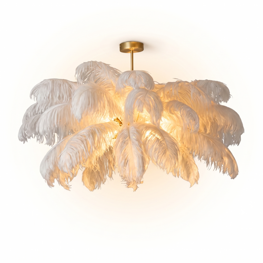 Lustre em penas de avestruz LED branco para sala - Featherelle - Lumière