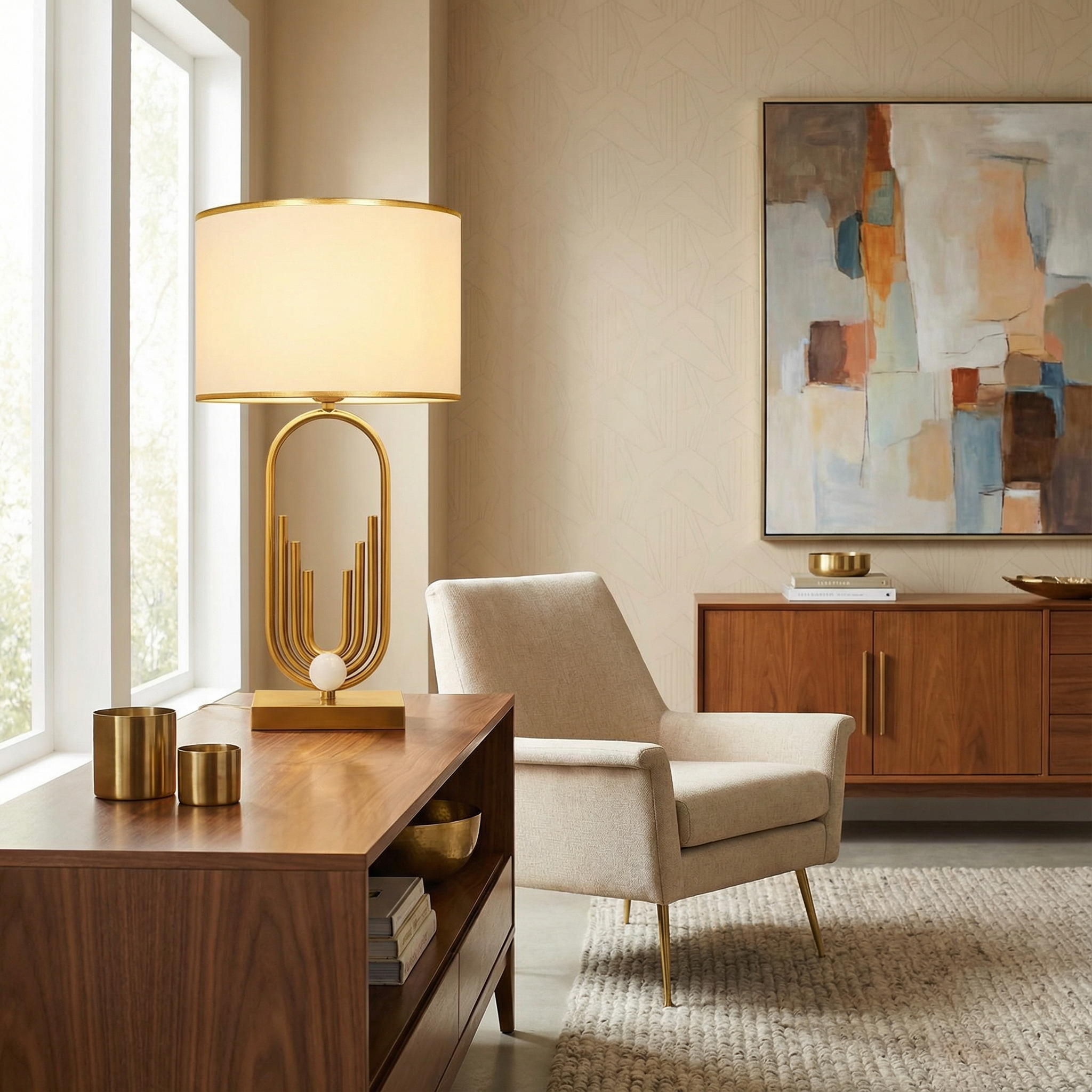 Lampe de table Raynova design doré avec base architecturale et abat-jour cylindrique en tissu - vue 3