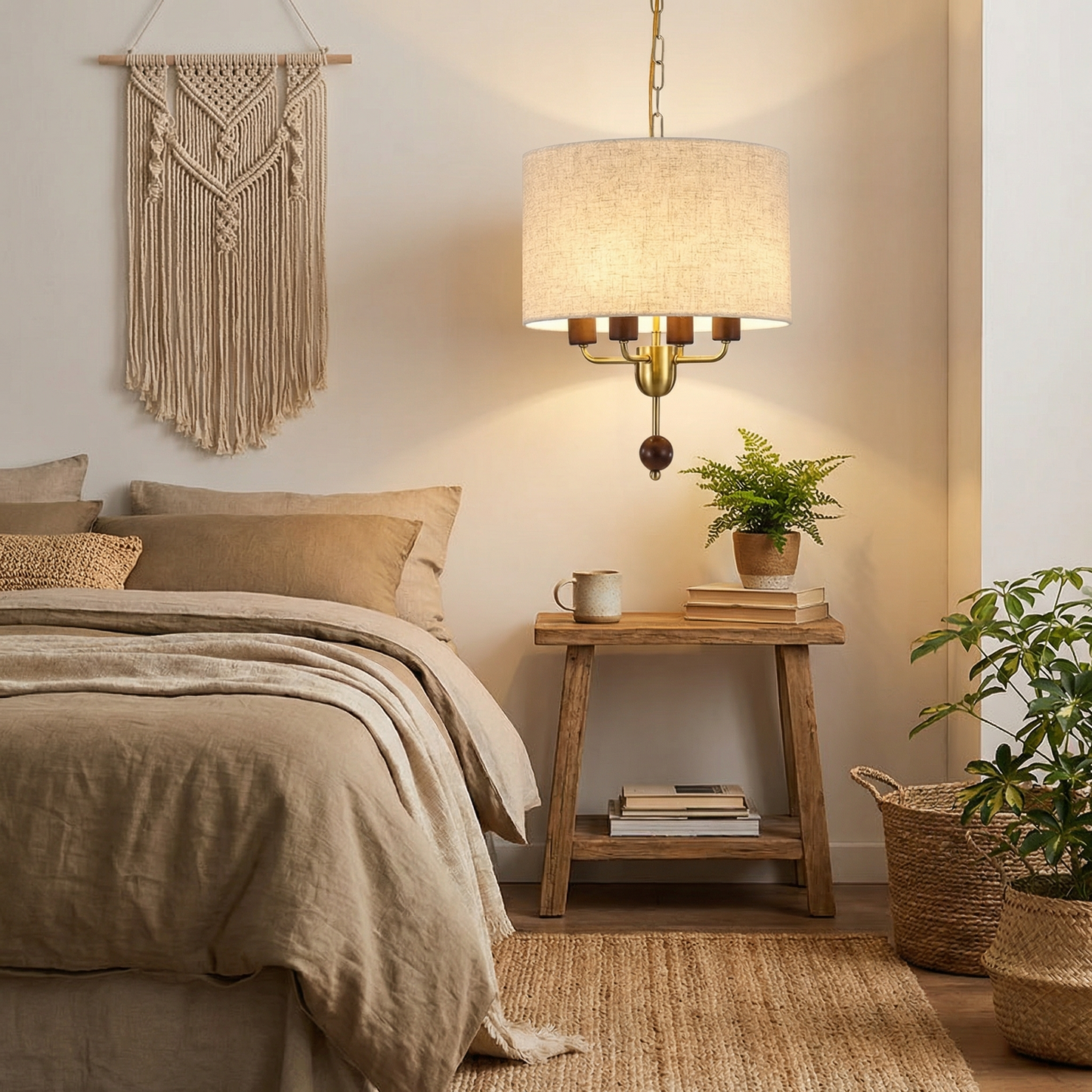 Minimalist Pendant Light Natural Wood & Fabric Lampshade – Celestia