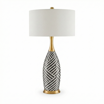 Lampe de table céramique motif zébré noir et blanc avec col doré et abat-jour blanc - vue 1