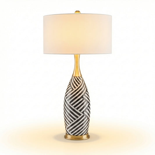 Ceramic table lamp with black and white zebra pattern, gold neck and white shade – view 10 - Lumière