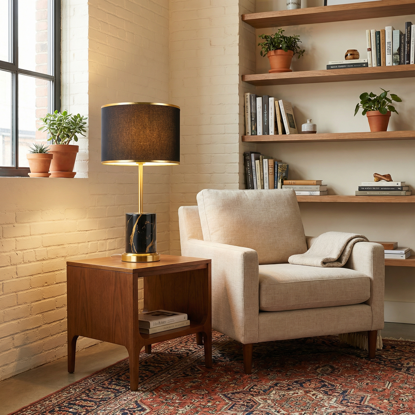 고급 패브릭과 클래식 골드 베이스의 나이트 램프 – Yliane