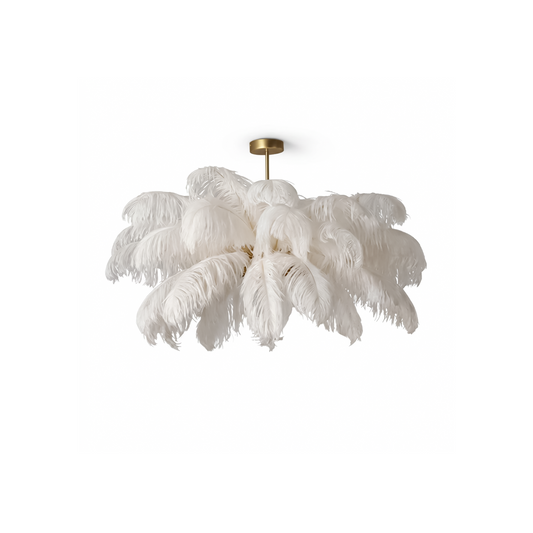 Lustre en plumes d’autruche LED blanc pour salon – Featherelle