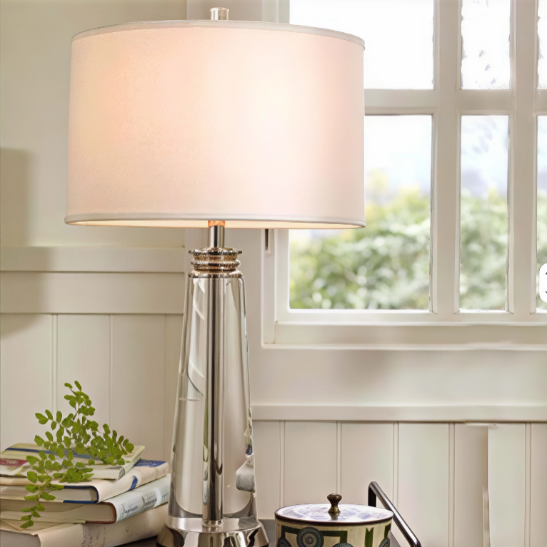 Lampe de chevet contemporaine Lunara en cristal et acier avec abat-jour tissu blanc - vue 4